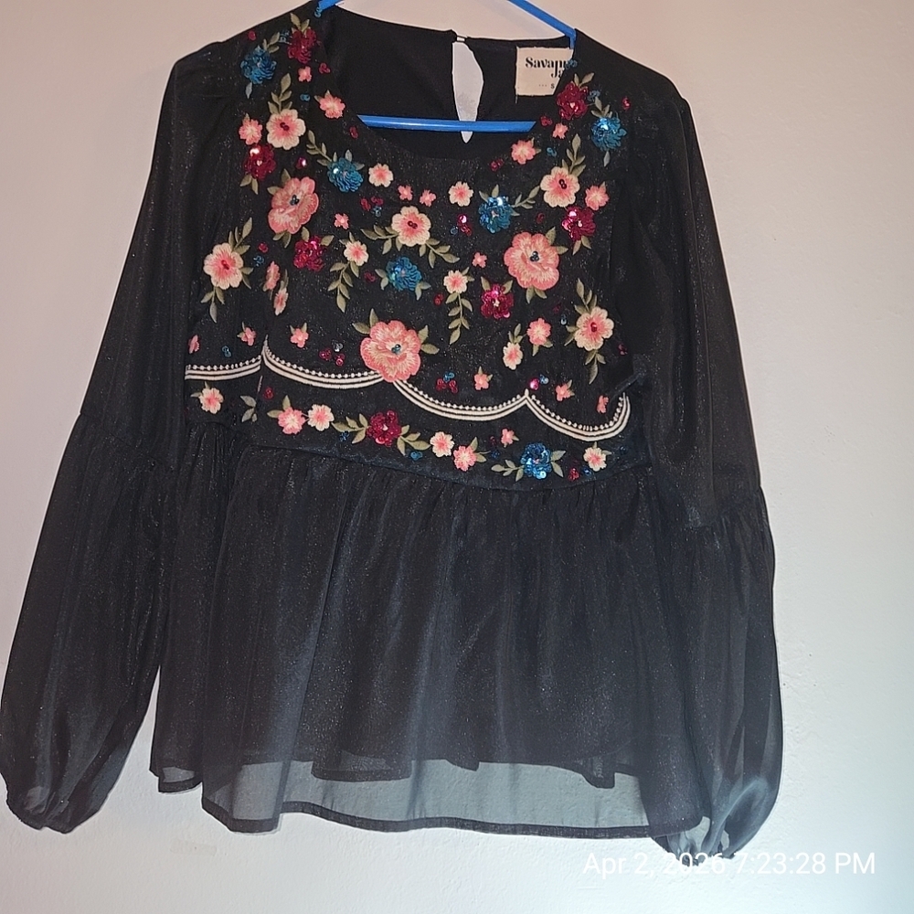 Savanna Jane Black Sheer Blouse with Floral Embroidery